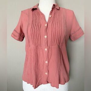 Style & Co Pintuck Short-Sleeve Button-Front Shirt in Peach